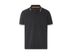 Ein dunkelgraues Poloshirt mit orange-weißen Streifen am Kragen.