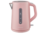 Chaleira elétrica rosa com medidor de nível de água transparente e detalhes prateados.