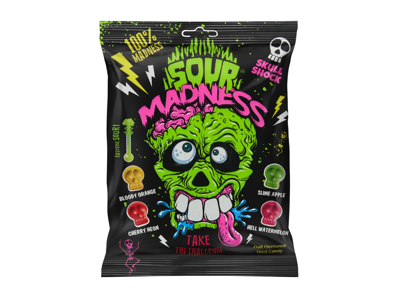 Sour skull-shaped fruit-flavoured hard candies in a black bag with a zombie design.