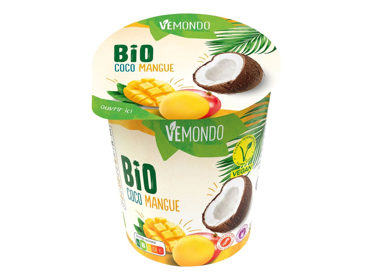 Pot de yaourt VEMOND Bio Coco Mangue avec Nutri-Score B et label Vegan.