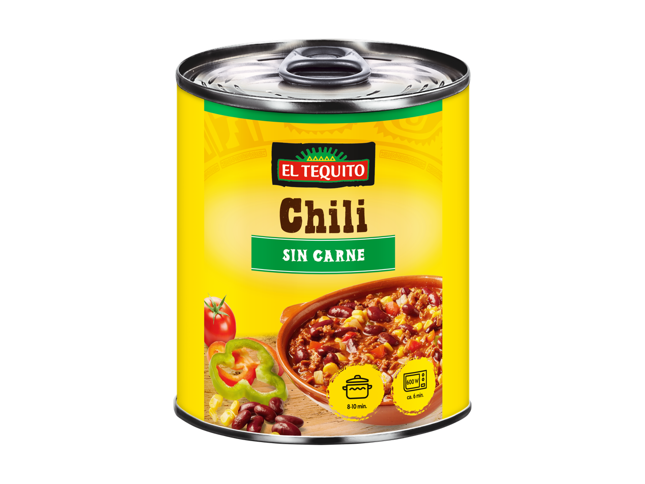 Conservă VEMOMDO Vegan Chili sin Carne, cu chili într-un bol, roșii, ardei și fasole.