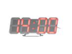 Un ceas modern LED gri, cu cifre roșii, arată ora 14:00.