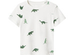 White short-sleeved t-shirt with green dinosaur print