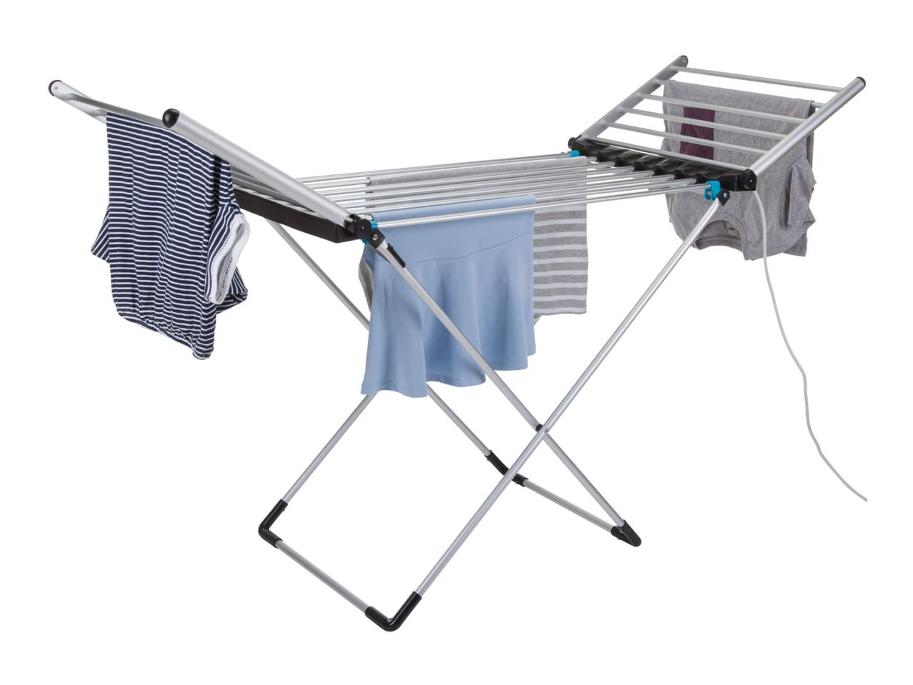 A silver clothes drying rack with various garments, including a striped shirt and blue skirt.