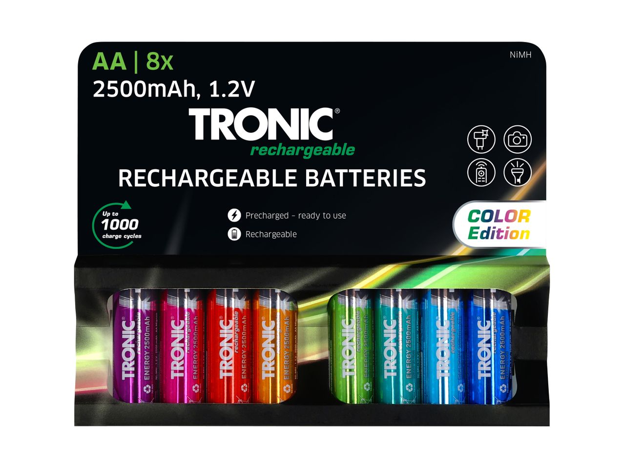 En pakke med 8 Tronic genopladelige AA-batterier i forskellige farver, 2500mAh, 1.2V.