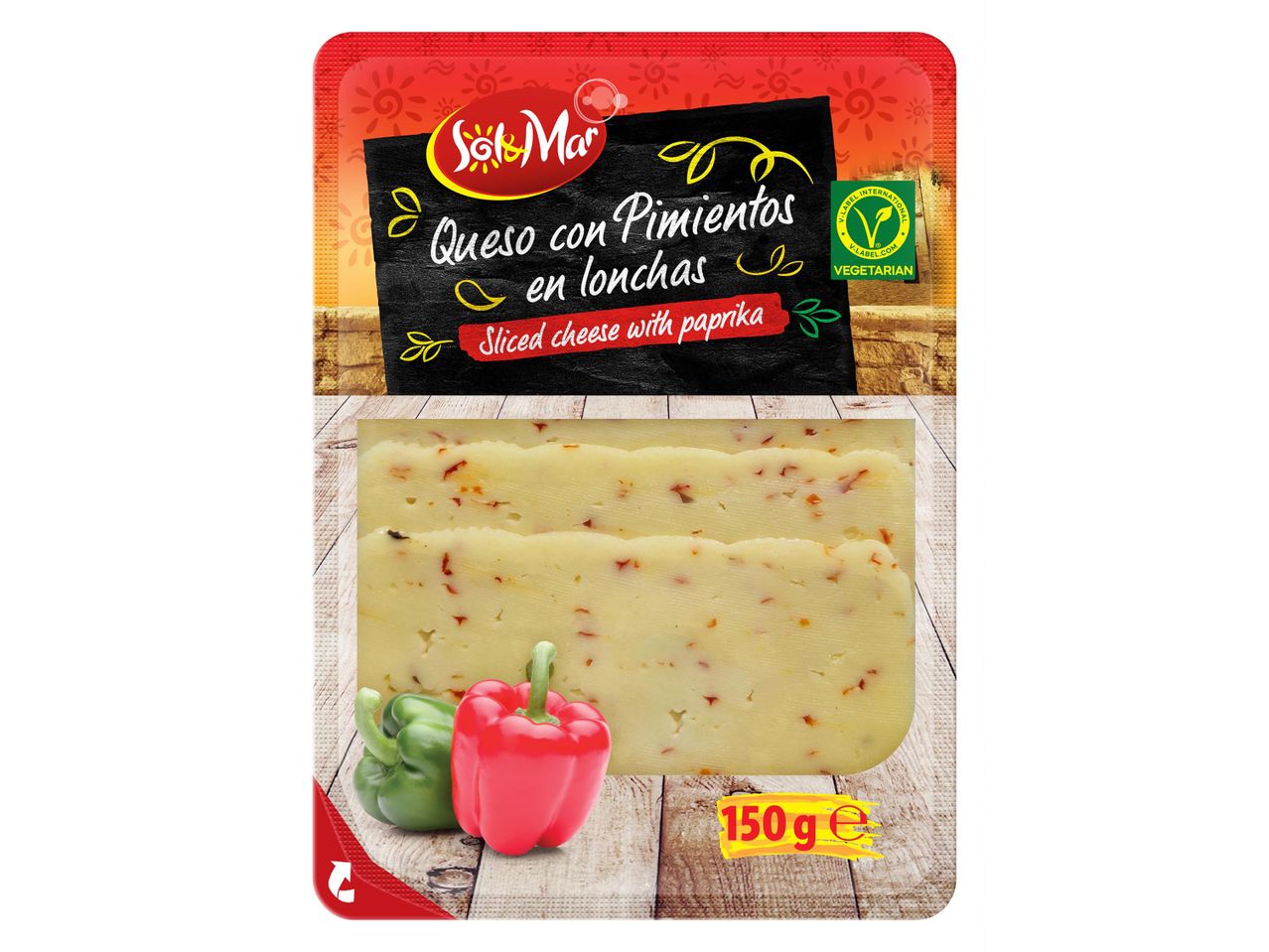 Szeletelt sajt paprikával, 150 g-os kiszerelésben, Sol&Mar márkájú.