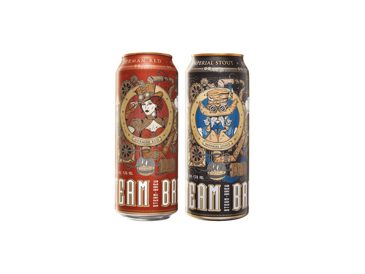 Duas latas de cerveja artesanal com rótulos steampunk, uma vermelha 'German Red' e outra preta 'Imperial Stout'.