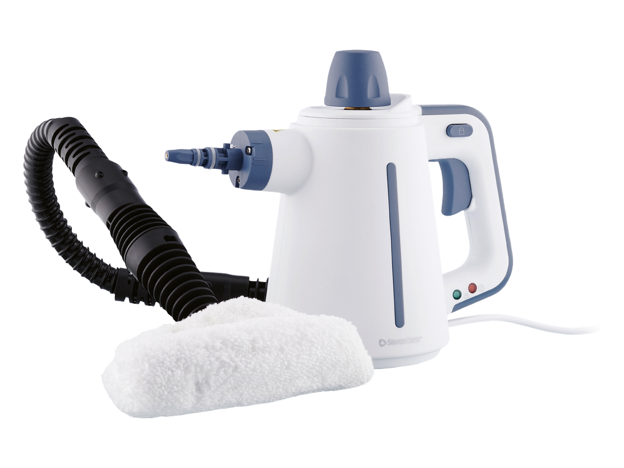 Бял парен уред с прикрепен черен маркуч и бяла кърпа, на черен фон.