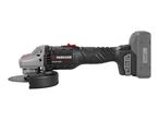 Cordless angle grinder with a cutting disc and battery pack.