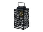 Black metal solar lantern with geometric pattern.