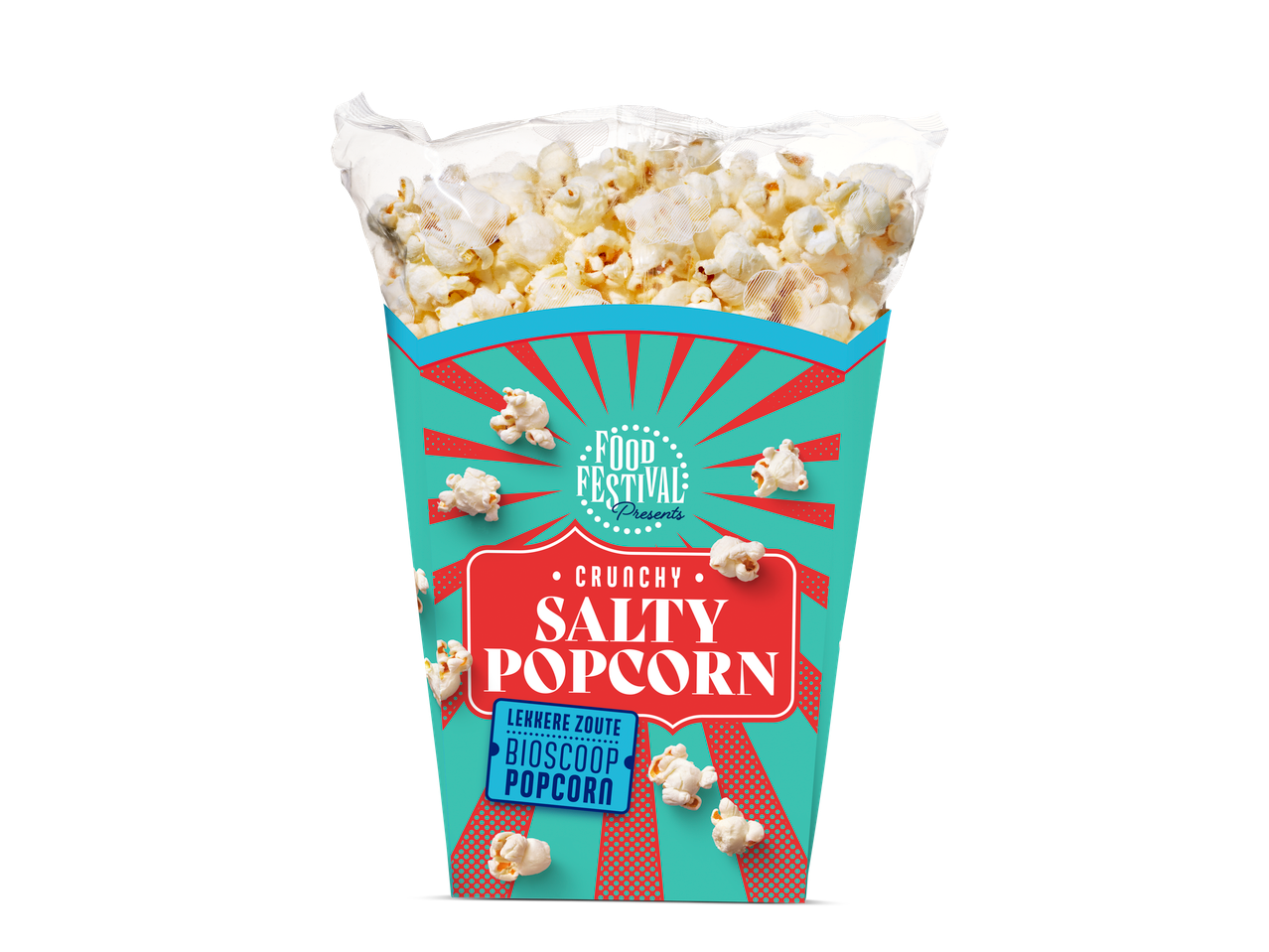 Een zak knapperige zoute popcorn, gepresenteerd door Food Festival, in een retro-verpakking.