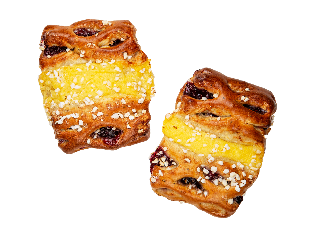 Kaksi pullaa, joissa on vaniljakreemiä ja marjatäytettä