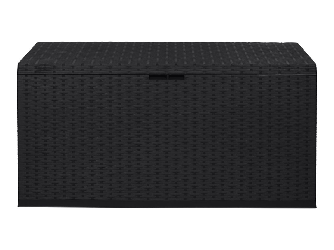 Black rattan-style outdoor storage box with a textured woven pattern.