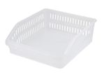 Clear plastic storage basket with slatted sides, angled for easy access.