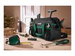 Tool bag with various hand tools, including a tape measure, screwdriver, and pliers.
