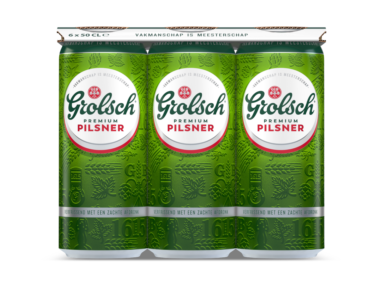 Zes blikjes pilsener bier in een verpakking, met de tekst 'Vakmanschap is Meesterschap'.