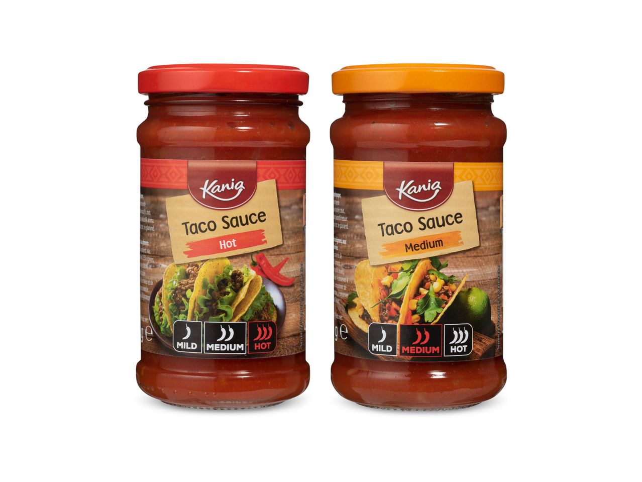 Twee potjes Kanig tacosaus: heet en medium.