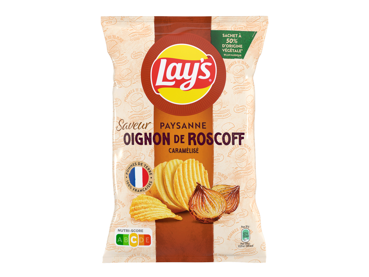 Paquet de chips saveur oignon de Roscoff caramélisé, avec Nutri-Score A.
