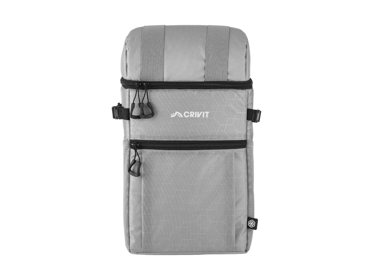 Graue Kühltasche mit sechseckigem Muster und schwarzen Reißverschlüssen