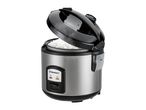 Electric rice cooker with stainless steel housing and open lid showing cooked rice