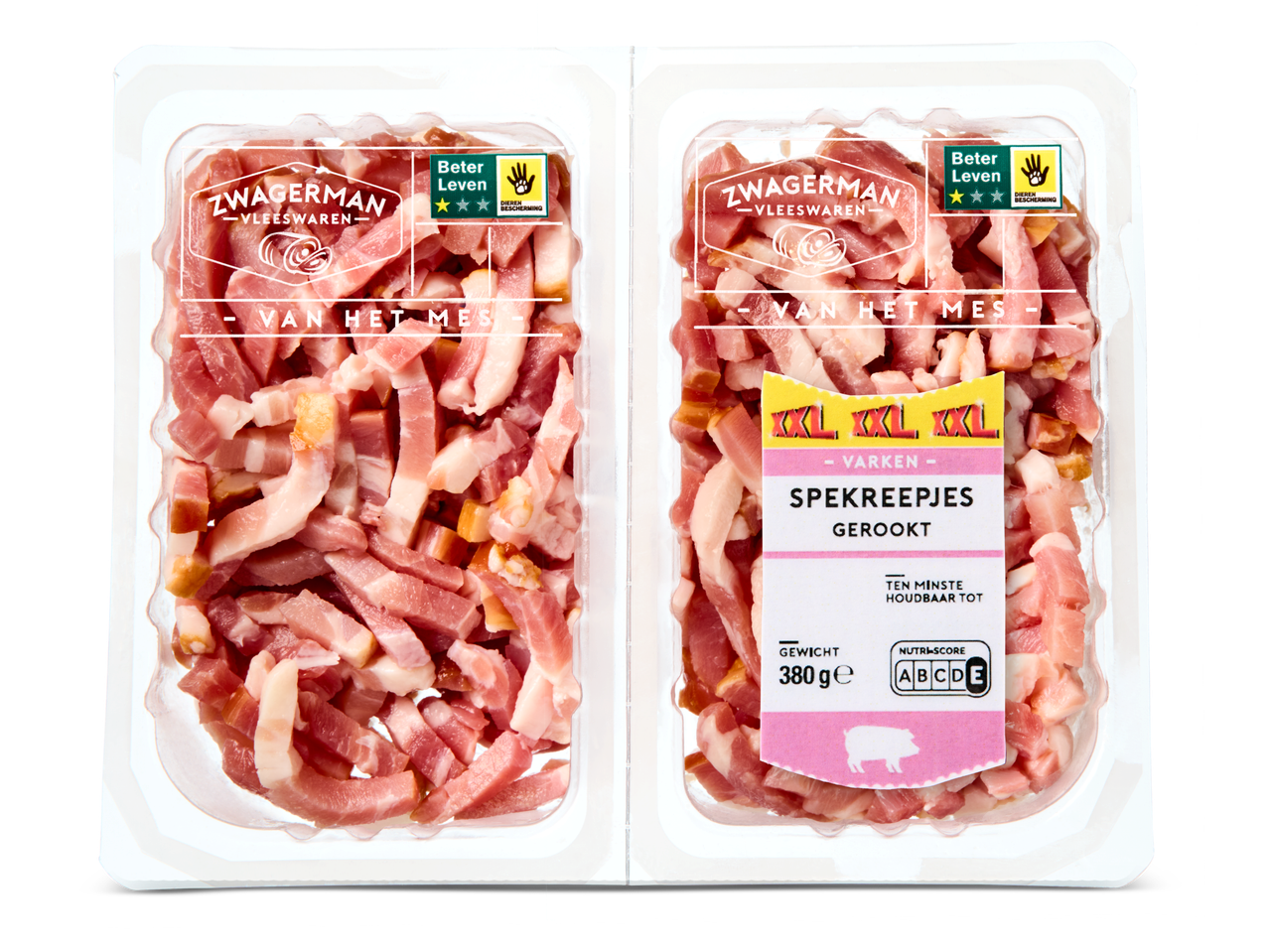 Twee verpakkingen Zwagerman gerookte spekreepjes, elk 380g, met een 2-sterren Beter Leven keurmerk.