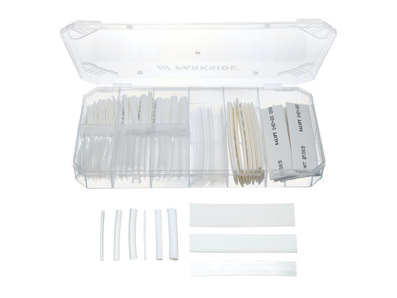 Parkride heat shrink tubing and sleeving kit in a clear plastic storage case.