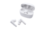 White wireless earbuds and their open charging case on a black background.