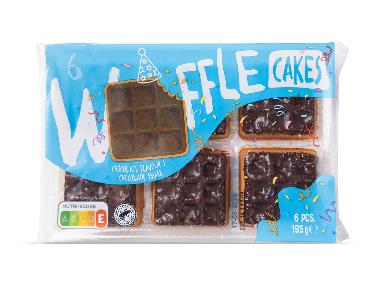 Verpakking met zes chocoladewafels, met Nutri-Score A en Rainforest Alliance-logo.