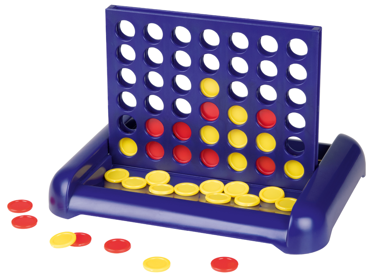 Игра Connect 4 с червени и жълти пулове на бял фон.