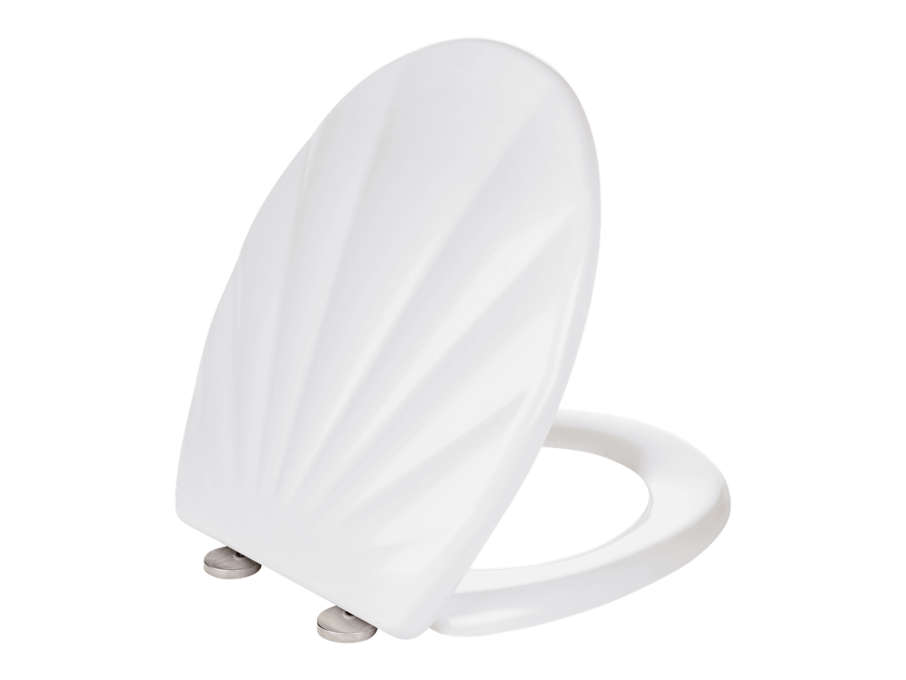 Valkoinen wc-istuin ja kansi, jossa on uurrettu kuviointi.