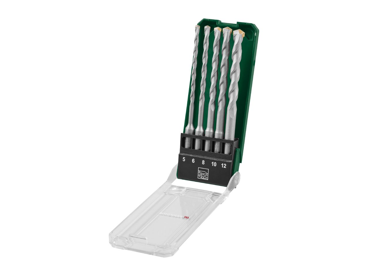 Drill bit set with five masonry drill bits in a green and clear plastic case.