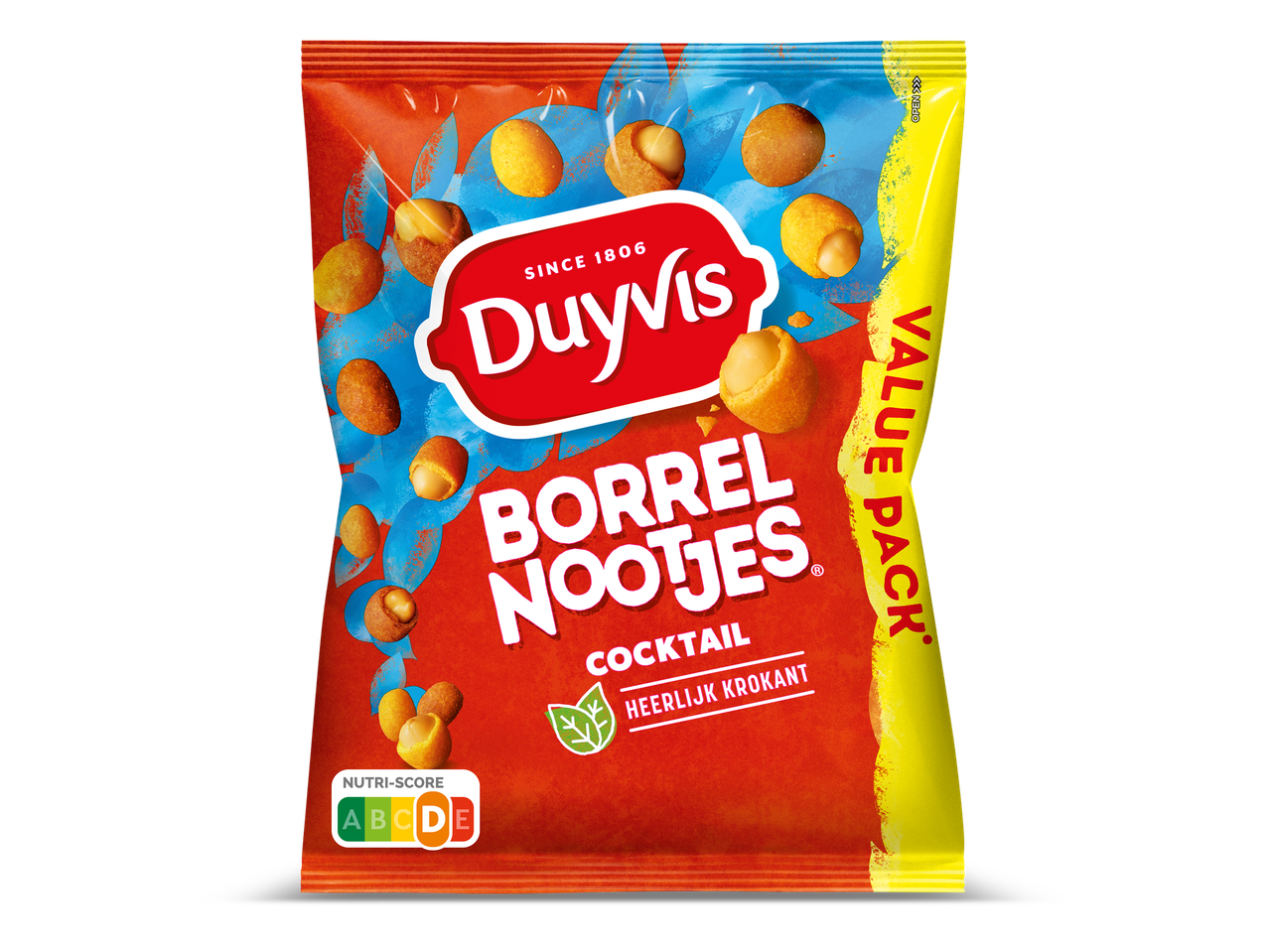 Een zakje borrelnootjes met de tekst 'Borrel Nootjes Cocktail' en 'Heerlijk Krokant', met Nutri-Score D.
