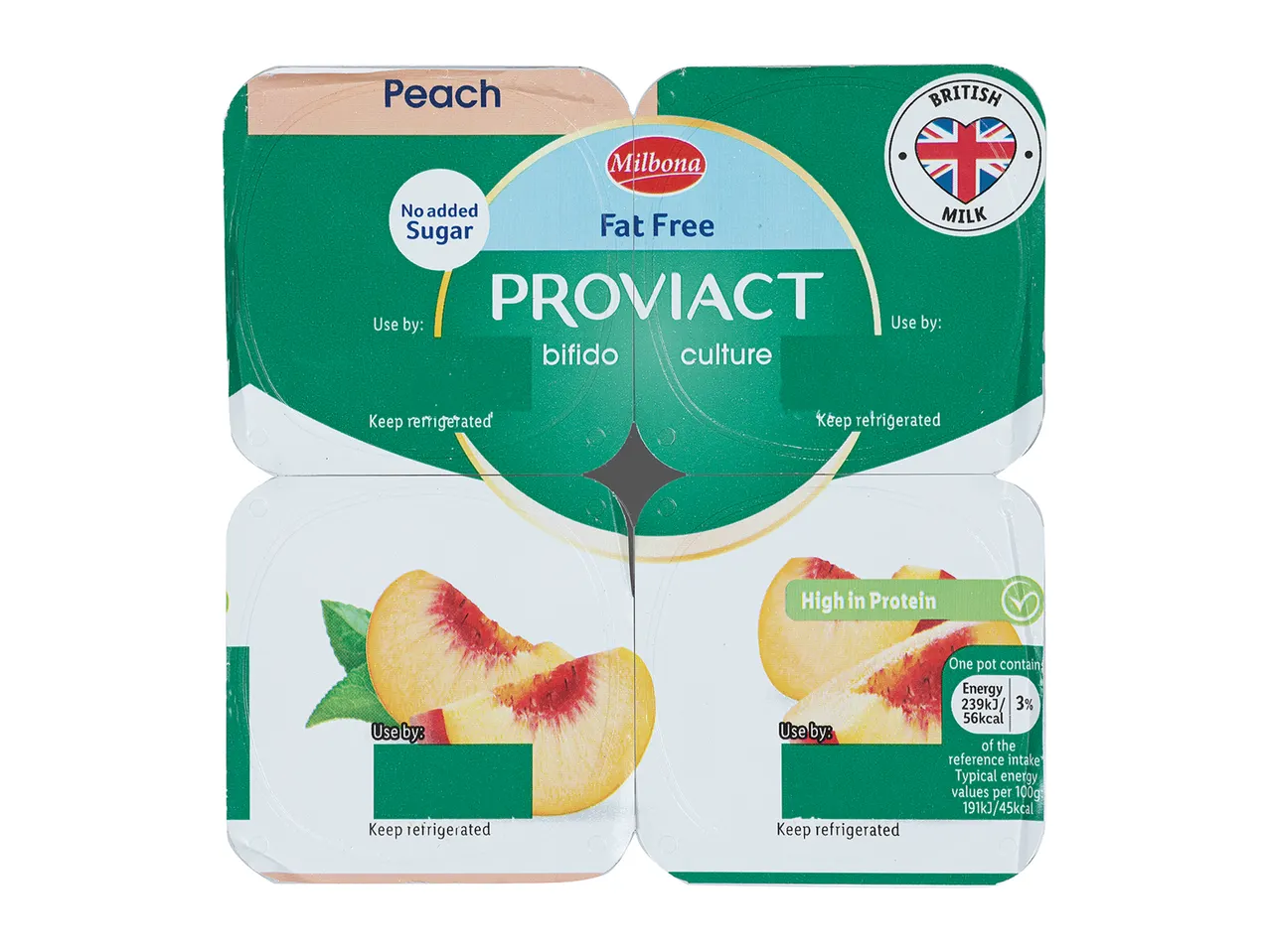 Milbona Proviact peach yogurt, no added sugar, fat free.
