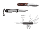 Drei Crivit-Messer, darunter ein feststehendes Messer, ein Gebrauchsmesser und ein Multifunktionswerkzeug.