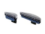 Two blue cleaning brushes with clear plastic covers on a black background.