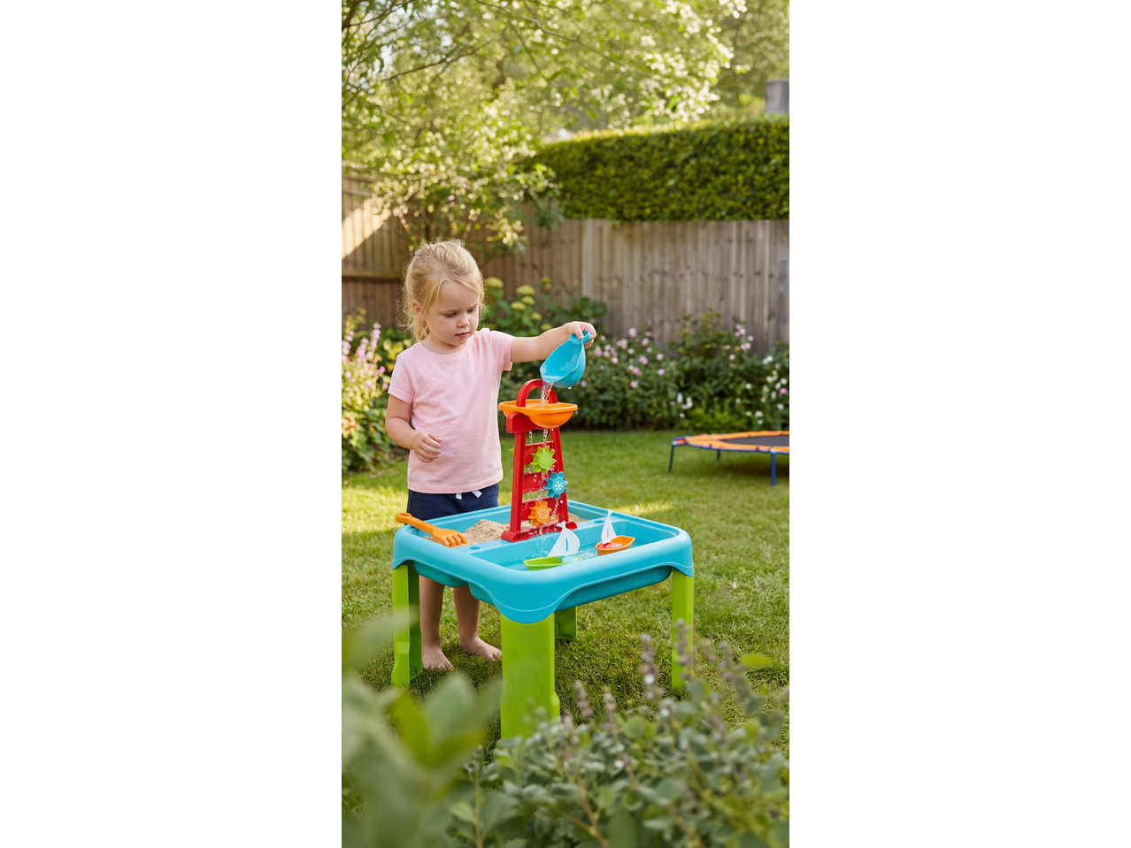 Lupilu Sand and Water Activity Table with a child playing in a garden.