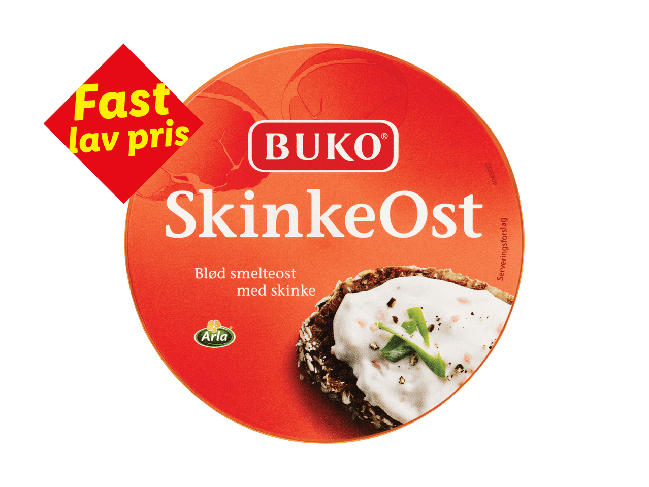 Rund pakke med smelteost med skinke, toppet med et rødt skilt med teksten 'Fast lav pris'.