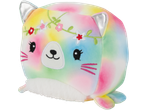 Rainbow-colored plush toy cat with silver ears and a floral headband.