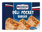Deli Pocket Burger box with three burgers, featuring a blue and white design.
