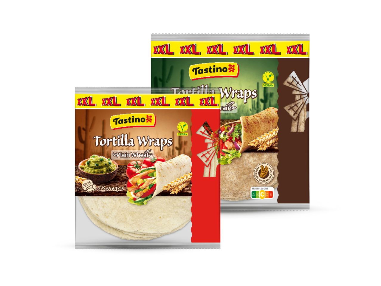 Dva pakiranja Tastino XXL tortilja, jedno od obične pšenice i jedno od cjelovitog zrna.