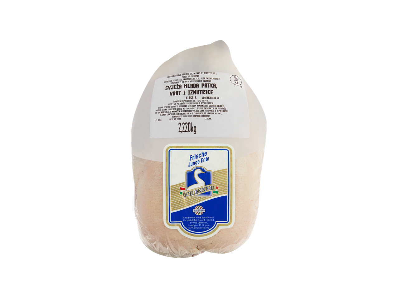 Pakirano svježe mlado pače s vratom i iznutricama, s etiketom na hrvatskom i njemačkom jeziku.