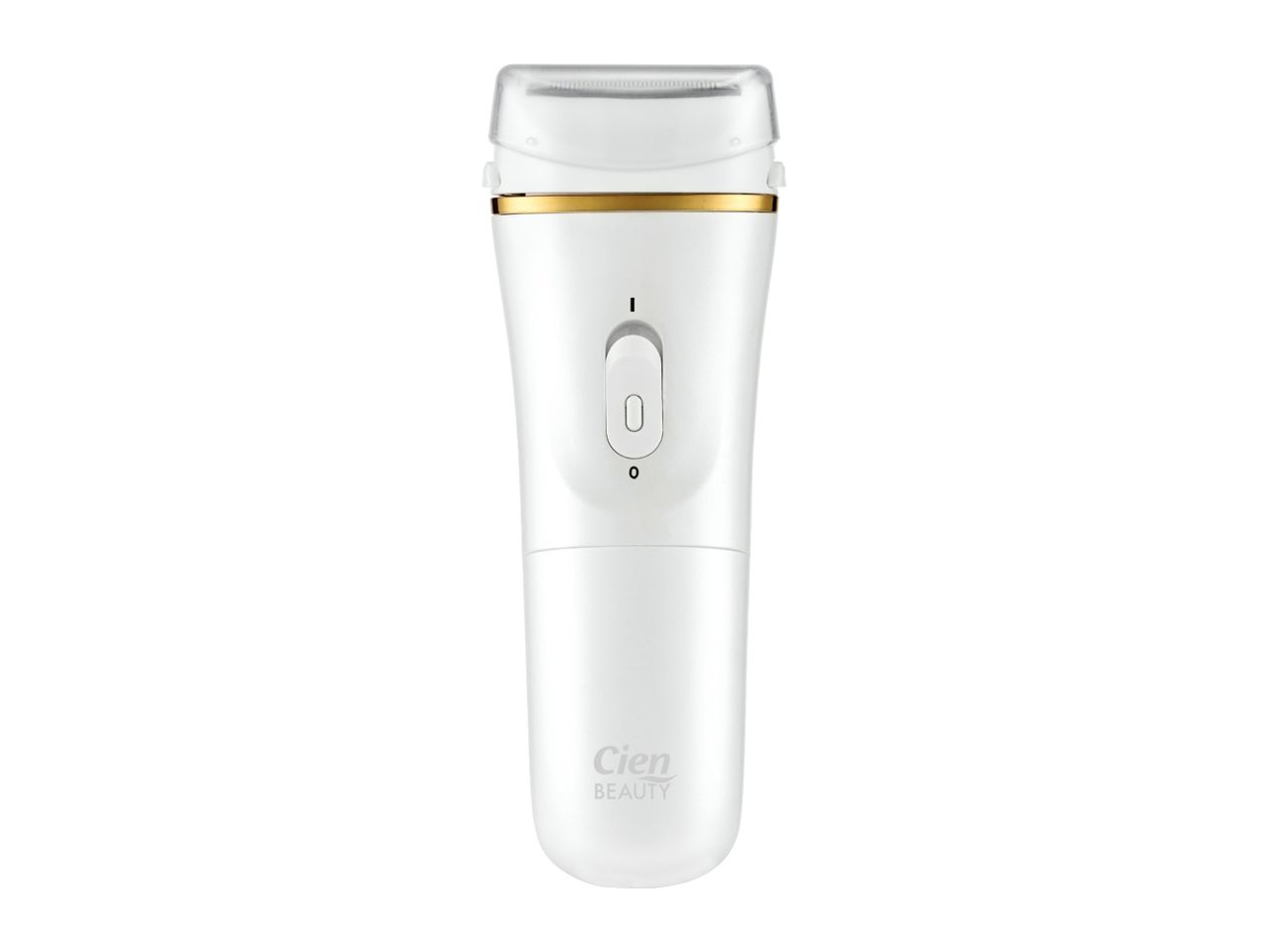 White and gold electric shaver with a clear protective cap and an on/off switch.