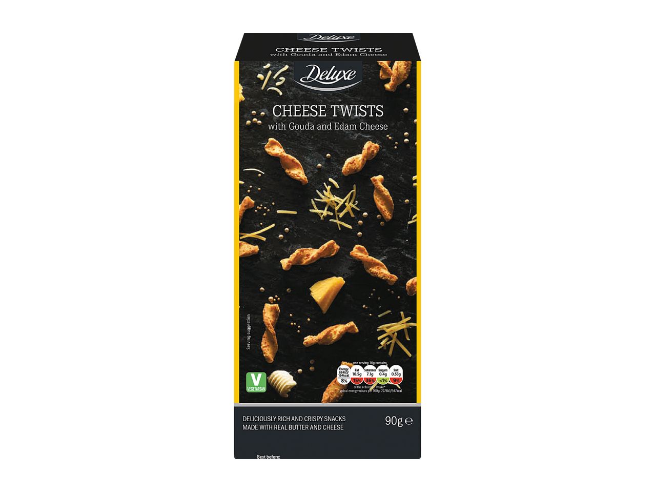 Deluxe Cheese Twists with Gouda and Edam Cheese packaging, showing snacks and cheese.