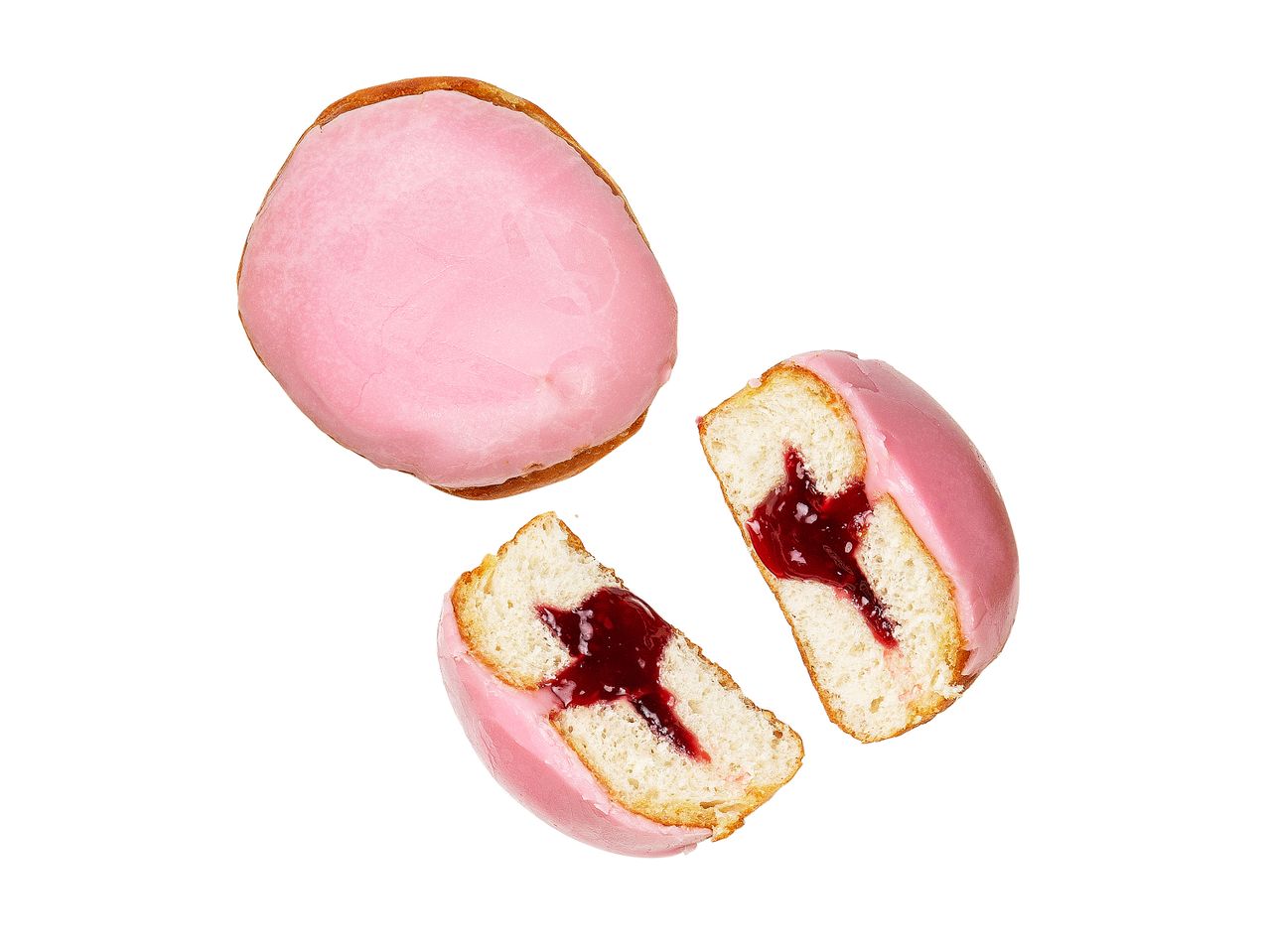 Vaaleanpunaiset hillolla täytetyt donitsit.