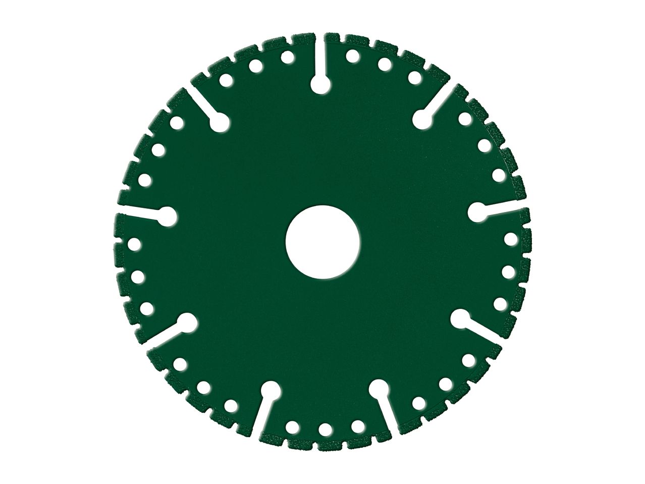 Green diamond cutting disc with a central hole and multiple smaller holes around the edge.