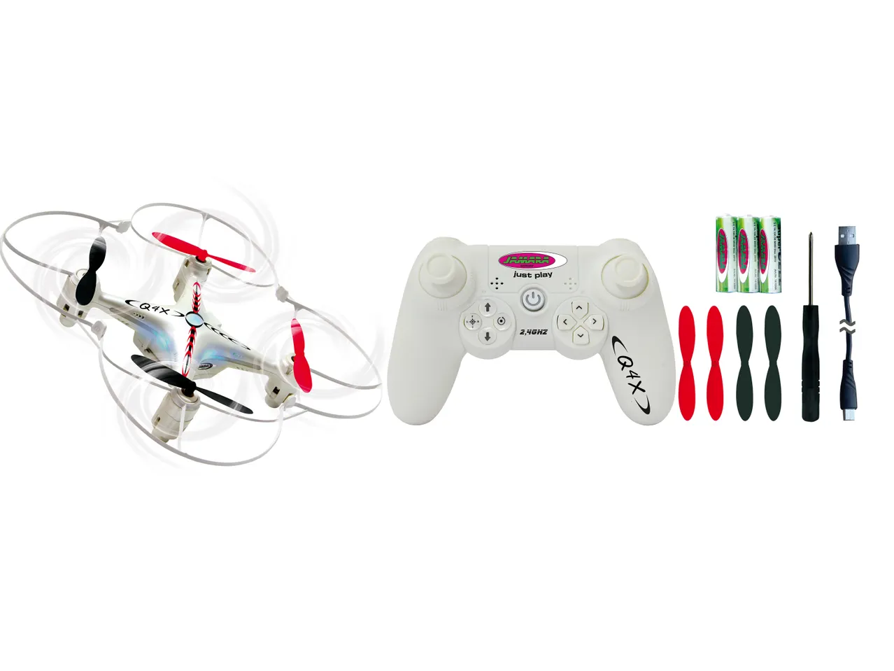 White drone with red and black propellers, remote control, batteries, spare propellers, screwdriver, and charging cable.