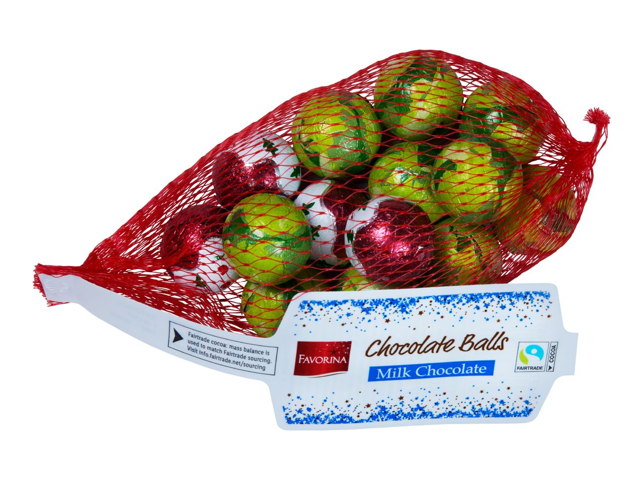 A red mesh bag of Favorina Milk Chocolate Balls, some green and some red, with a Fairtrade label.