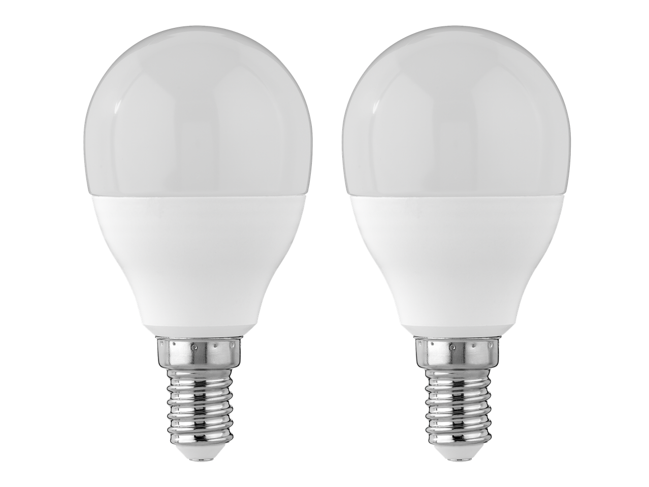 Δύο λευκοί λαμπτήρες LED LIVARNO home με βάση E14 σε μαύρο φόντο.