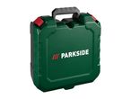 Green tool case with a black handle and red latches, featuring a white logo.