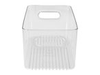 Clear plastic storage bin with integrated handles and ribbed bottom